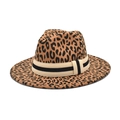 Close-up of leopard print wool fedora hat featuring a striped beige and black ribbon band - M (56-58cm) / Camel