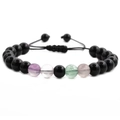 Adjustable woven rope bracelet with black beads and four multi-color gemstones on white background - Black Ore with Four-Color Beads (1)