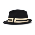 Détail d'un chapeau fedora en laine noire avec ruban rayé beige et calotte classique - M (56-58cm) / Noir