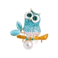Blue and white enamel owl brooch with green rhinestone eyes and white pearl drop - Blue White Enamel Pearl Branch Owl