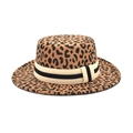 Flat top leopard print wool boater hat with striped ribbon detail on white background - M(56-58cm) / Camel