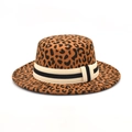 Flacher Leopardenmuster Wollfilzhut mit gestreiftem Band für Damen in Braun - M(56-58cm) / Khaki