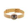 Golden mesh band bracelet featuring a circular evil eye charm with blue and white zircons - Gold Round Eye