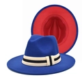 Dettaglio di un cappello Fedora blu reale con interno rosso e nastro a righe - M (56-58cm) / Esterno Blu Interno Rosso