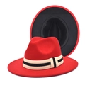 Chapeau Fedora bicolore en feutre de laine rouge et noir avec ruban, style anglais - M (56-58cm) / Rouge 1