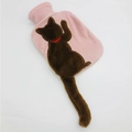 Pink plush hot water bottle cover featuring a cute brown cat with long 3D furry tail - Brown Cat