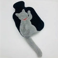 Cute black plush hot water bottle cover with grey cat design and fluffy long tail - Gray Cat