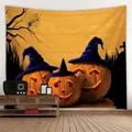 Tapisserie d'Halloween avec trois citrouilles à chapeaux de sorciers et toile d'araignée - 190826-2 Citrouille au Chapeau de Sorcière / 150x130cm