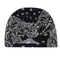 Detail of black turban hat featuring white paisley patterns and a 3D spiral twist knot - Black Paisley