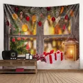 Christmas window scene tapestry featuring pine branches, warm lanterns, and white gift boxes - 150x130cm / Style 2
