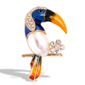 Exquisite gold toucan bird brooch with blue enamel, large pearl, and rhinestone accents - Blue Toucan Artificial Pearl Style (YNCP5111)