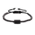 Macro detail of men's beaded bracelet with black pavé stones and adjustable cord - Gun Black Rectangle