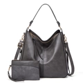Dark grey PU leather tote bag with matching pouch and golden hardware on white background - Grey Set