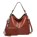 Vintage brown PU leather tote bag with tassel accessory and matching small pouch - Brown Set