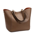 Brown litchi grain leather tote bag with orange lining and gold hardware details - Khaki