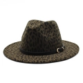 Olive green leopard print fedora with wide flat brim and gold buckle leather band - M (56-58cm) / Army Green