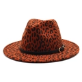 Sombrero fedora de lana con estampado de leopardo naranja, banda de cuero y hebilla - M (56-58cm) / Burdeos