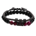 Set de pulseras de ojo de tigre 8mm y cubos de circonita con cordón ajustable - Color gunmetal