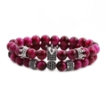 Set di due bracciali in perle occhio di tigre da 8mm con ciondoli corona e zirconi rosso - Set Occhio di Tigre Rosso Rosa