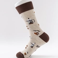 Khaki and brown cotton mid-calf socks with coffee themed knit patterns and text - One Size / Khaki Dark Brown Coffee Pattern