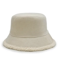 Cappello da pescatore in twill beige con bordo in finta pelliccia bianca invernale - Bianco