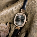 Elegant rose gold watch with sparkling rhinestones, black dial and black leather strap - Black