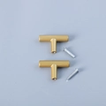 Macro shot of two matte gold T-bar cabinet handles with matching screws on blue background - Gold Tray Handles - Small (1 Pair)