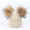 Winter knit hat and scarf set for children with two fluffy brown fur pom-poms in beige - Double Pom Pom Hat / Beige