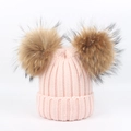 Pink winter knit beanie for kids featuring two large brown faux fur pom poms - Double Pom Pom Hat / Pink