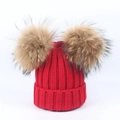 Winter kids knit beanie in vibrant red featuring two large fluffy raccoon fur pom-poms - Double Pom Pom Hat / Red
