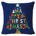 Blue linen Christmas pillow cover featuring colorful tree pattern and festive typography - BZ0888-5 (Blue Letter Tree)