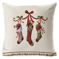 Christmas pillowcase with three red stockings and holly print on beige linen fabric - BZ0888-17 (Three Hanging Christmas Stockings)