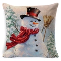 Linen Christmas pillowcase featuring a festive snowman and red plaid scarf design - BZ0888-21 (Snowman with Broom)