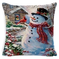 Christmas snowman pillow cover with red cardinal and winter cottage on linen fabric - BZ0888-22 (Dona Gelsinger Snowman)