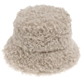 Close-up of curly lambswool texture on a beige fuzzy bucket hat for winter fashion - 58cm / Beige