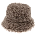 Close-up of beige fuzzy lamb wool bucket hat showcasing soft plush texture and warm material - 58cm / Brown
