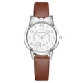 Cute cat ear quartz watch featuring brown leather strap and white dial for women - Silver Case Brown Strap