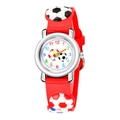 Kids' sports watch featuring 3D soccer patterns on a red strap and colorful dial numerals - Red