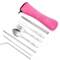 Portable stainless steel cutlery set with pink zipper case and decorative patterns - 7-Piece Pink Floral Set
