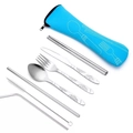 Portable blue pouch stainless steel cutlery set with knife fork spoon and straws - 7-Piece Blue Floral Set