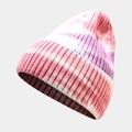 Close-up of tie-dye knit beanie in pink and purple tones with fine striped texture - Color 6 (Pink Purple White Tie-Dye)