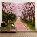 Tapisserie murale paysage fleurs de cerisier pour décoration de chambre et dortoir - 230x150cm / Sentier de forêt de cerisiers en fleurs