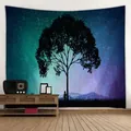 Tapisserie de forêt artistique avec ciel étoilé et aurore pour décoration de chambre - 230x150cm / Silhouette étoilée de l'aurore