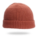 Detail of rust red knit beanie showing thick spiral texture and rolled edge design - Adjustable / Brown