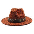 Orange leopard print wool fedora with brown leather band and silver bull head emblem - M(56-58cm) / Rust red