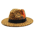 Detailed view of leopard print fedora hat with wool felt texture and feather decoration - M (56-58cm) / Khaki