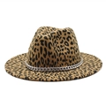 Cappello Fedora leopardato in lana con catena in metallo argento e tesa larga piatta - M (56-58cm) / Cammello