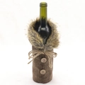 Close-up of brown herringbone wine bottle cover with faux fur collar and wooden buttons - Gray Herringbone