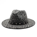 Gray leopard print fedora hat with black studded leather band and punk style rivets - M (56-58cm) / Gray