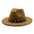 Leopard print wool felt fedora hat with studded black leather band and wide flat brim - M (56-58cm) / Khaki